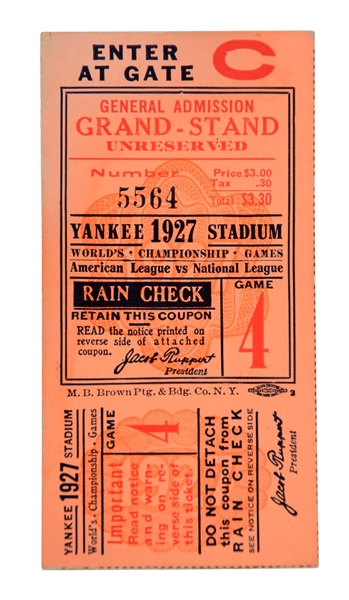 1927 WORLD SERIES GAME 4 TICKET STUB YANKEES CLINCH, BABE RUTH HR.