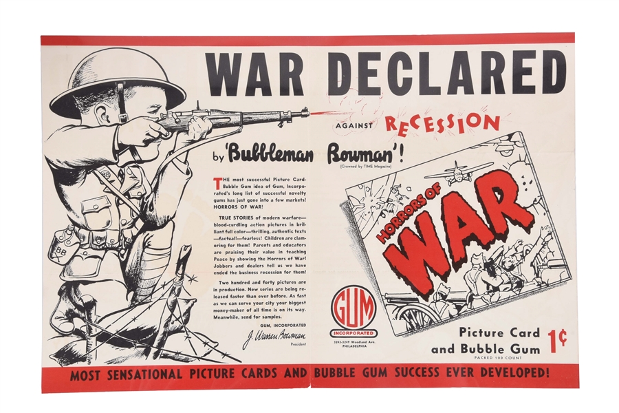 1938 GUM INC. HORRORS OF WAR ADVERTISING MAILER POSTER.