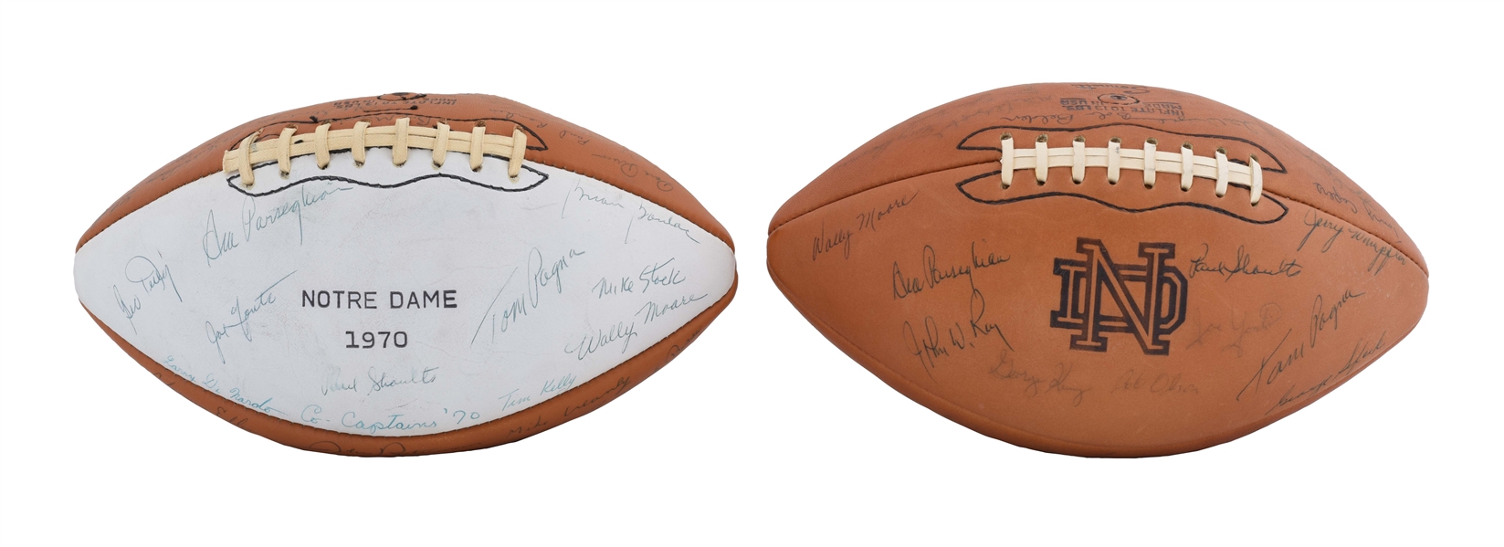 PAIR OF 1970S NOTRE DAME TEAM SIGNED FOOTBALLS.