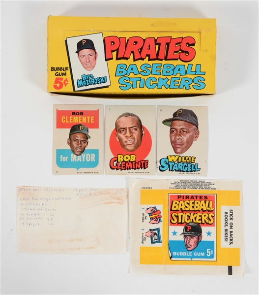 1967 TOPPS PITTSBURGH PIRATES TEST BOX & STICKERS.
