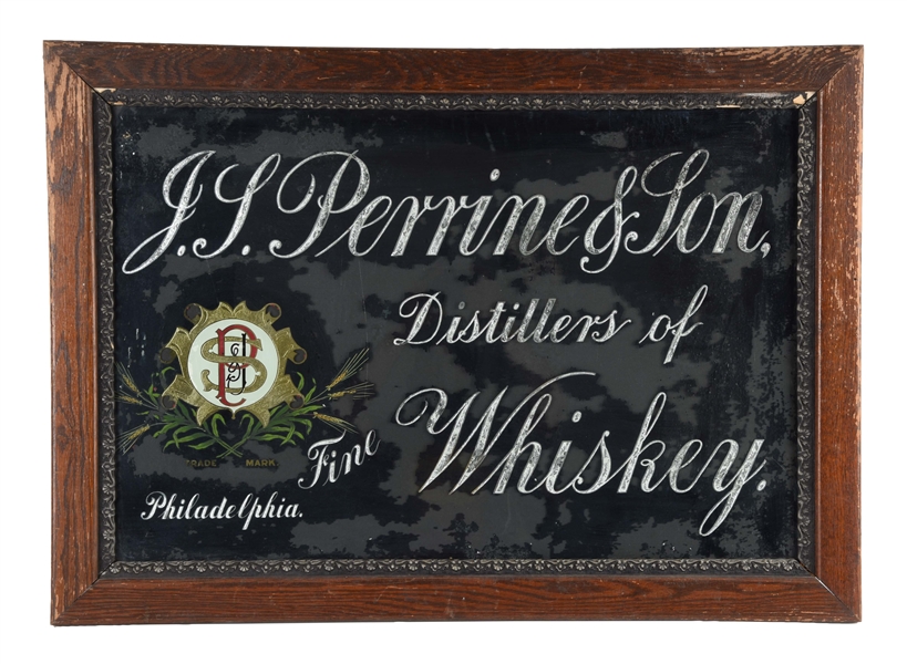 J. L. PERRINE & SON WHISKEY REVERSE GLASS ADVERTISING SIGN. 