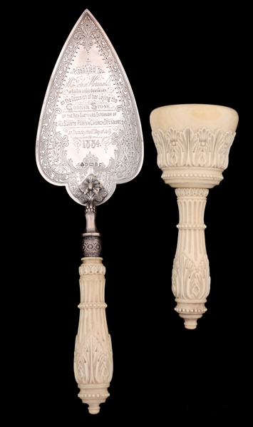 ENGLISH SILVER AND IVORY PRESENTATION TROWEL AND MALLET.