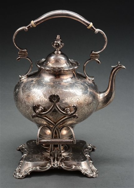 AMERICAN SILVER KETTLE ON STAND. 