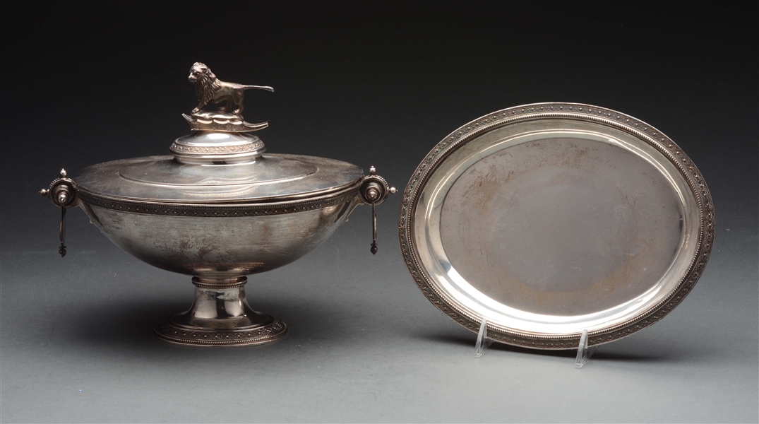 AMERICAN SILVER COVERED SOUP TUREEN ON STAND. 