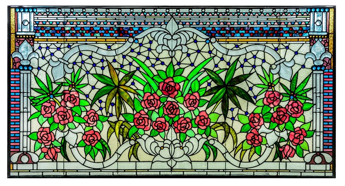 ORNATE STAINED GLASS WINDOW PANEL. 