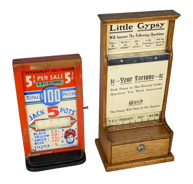 **LOT OF 2: 5¢ PERMANENT SALES BOARD AND 1¢ EXHIBIT SUPPLY CO. LITTLE GYPSY. 