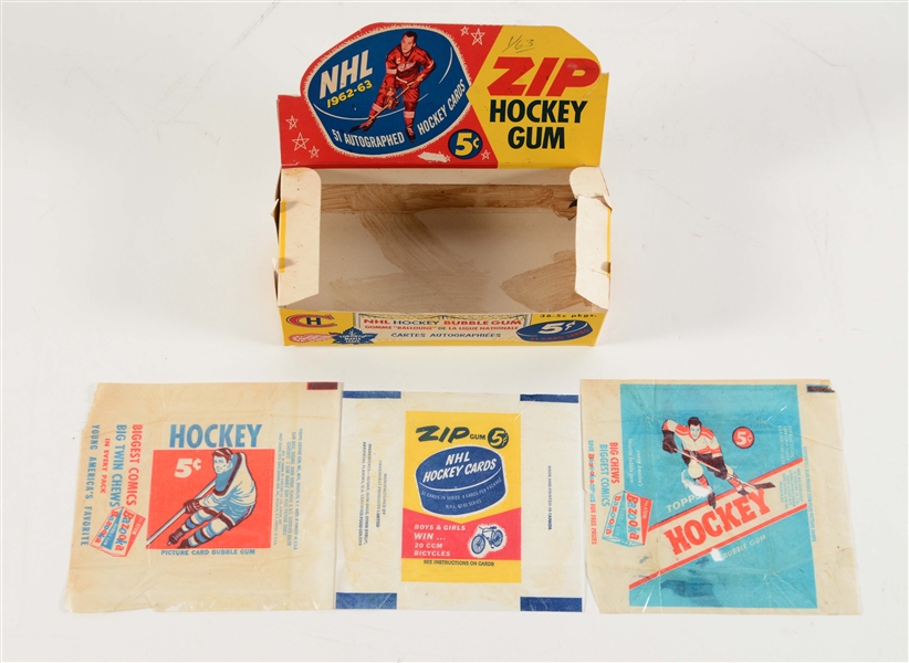 1962 PARKHURST DISPLAY BOX & 1950S TOPPS HOCKEY WRAPPERS.