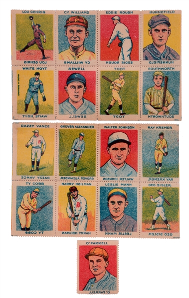 1926-1928 UN-CATALOGED BASEBALL STAMP PANELS INCLUDING TY COBB & LOU GEHRIG.