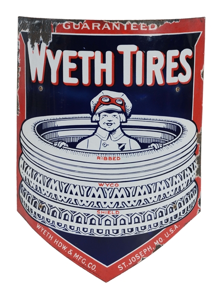 WYETH TIRES W/ BOY IN THE TIRES GRAPHIC CURVED PORCELAIN SIGN.