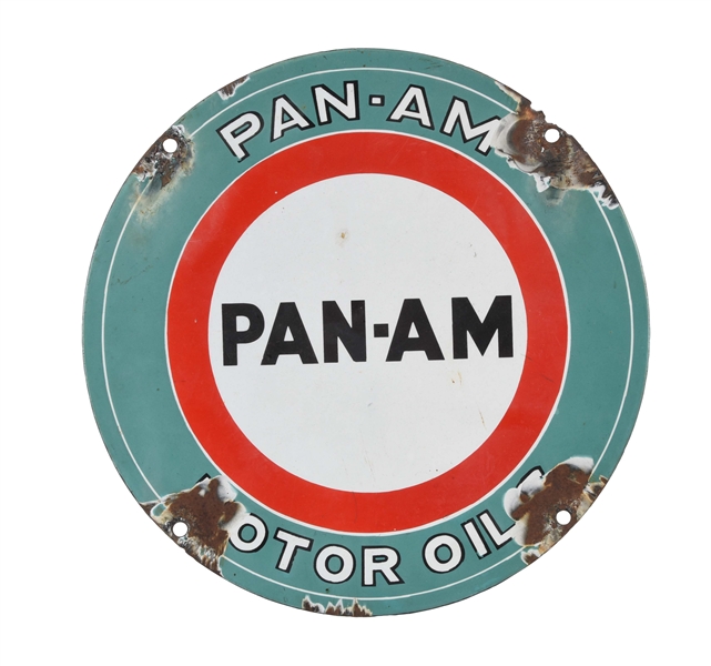 PAN AM MOTOR OILS PORCELAIN OIL CART SIGN.