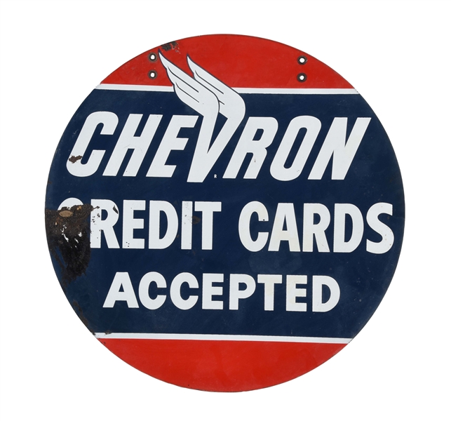 CHEVRON GASOLINE CREDIT CARDS ACCEPTED PORCELAIN SIGN.