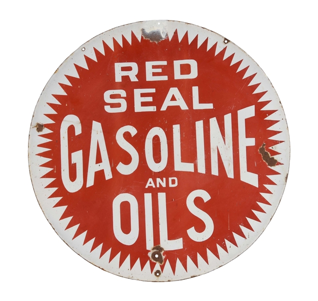 RARE RED SEAL GASOLINE & OILS PORCELAIN CURB SIGN.