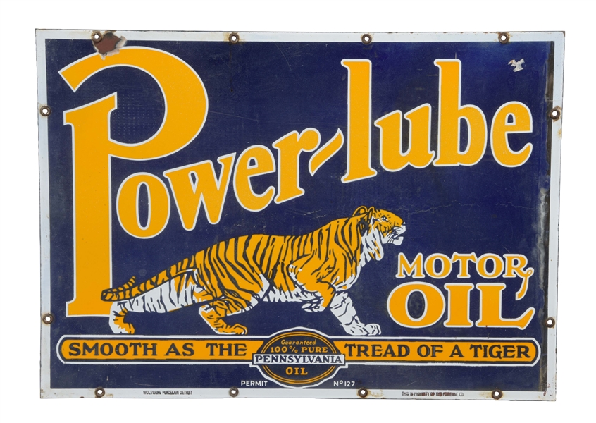 POWER-LUBE MOTOR OIL PORCELAIN SIGN W/ TIGER GRAPHIC.