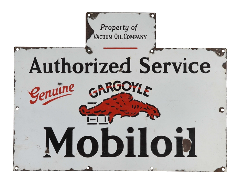 MOBIL GARGOYLE MOBILOIL AUTHORIZED SERVICE PORCELAIN OIL RACK SIGN.