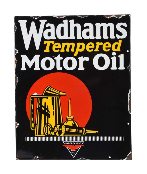 WADHAMS TEMPERED MOTOR OIL PORCELAIN SIGN W/ INDEPENDENT LOGO.
