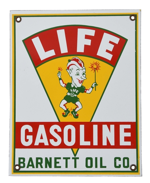 LIFE GASOLINE PORCELAIN PUMP PLATE W/ ELF GRAPHIC BARNETT OIL CO.