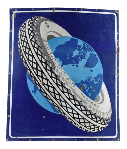 RARE GOODYEAR BALLOON CORD TIRES PORCELAIN SIGN W/ TIRE & GLOBE GRAPHIC.