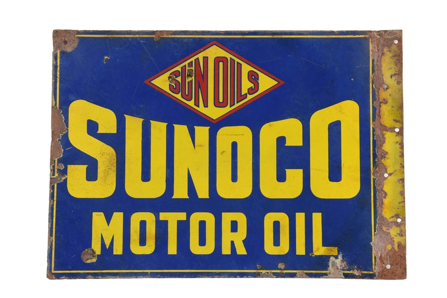 SUNOCO SUN OILS MOTOR OIL PORCELAIN FLANGE SIGN.