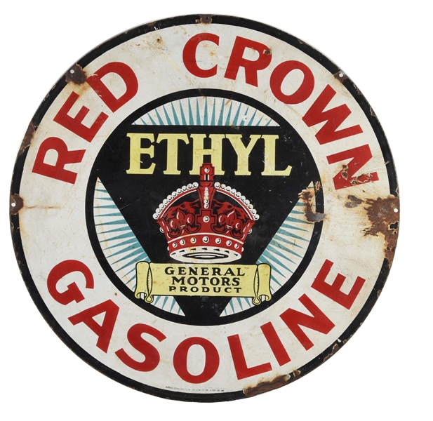 RED CROWN GENERAL MOTORS ETHYL GASOLINE SIGN W/ CROWN GRAPHIC.