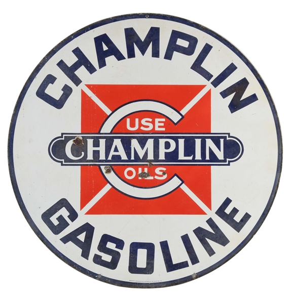 CHAMPLIN GASOLINE & OILS PORCELAIN CURB SIGN.