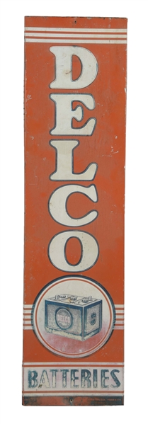 DELCO BATTERIES TIN VERTICAL SIGN W/ BATTERY GRAPHIC.