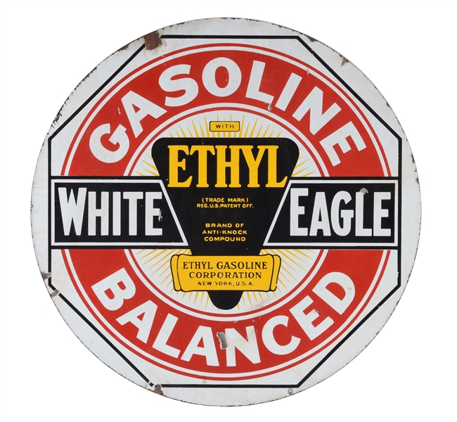 WHITE EAGLE GASOLINE PORCELAIN SIGN W/ ETHYL BURST LOGO.