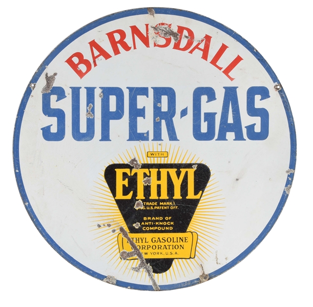 BARNSDALL SUPER GAS PORCELAIN SIGN W/ ETHYL BURST GRAPHIC.