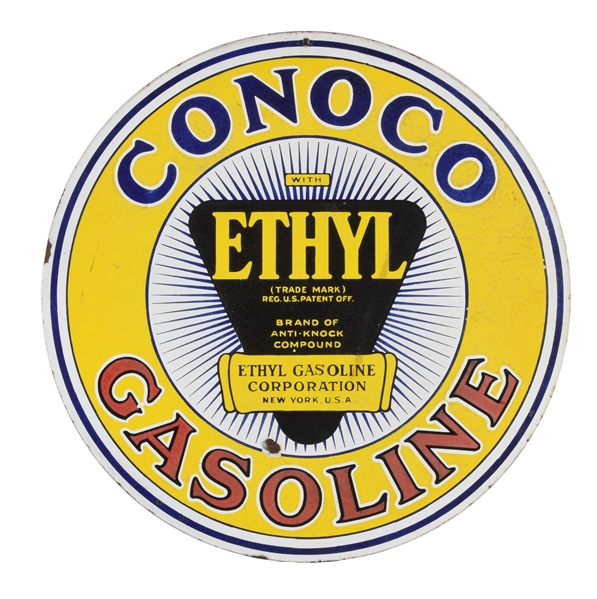 CONOCO GASOLINE PORCELAIN SIGN W/ ETHYL BURST GRAPHIC.