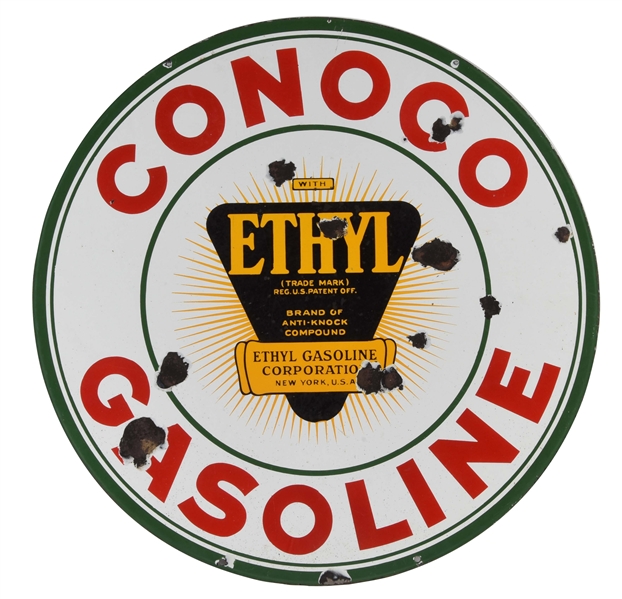 CONOCO GASOLINE PORCELAIN SIGN W/ ETHYL BURST LOGO.