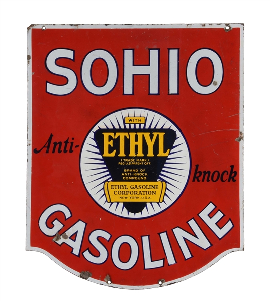 SOHIO GASOLINE PORCELAIN SIGN W/ ETHYL BURST LOGO.