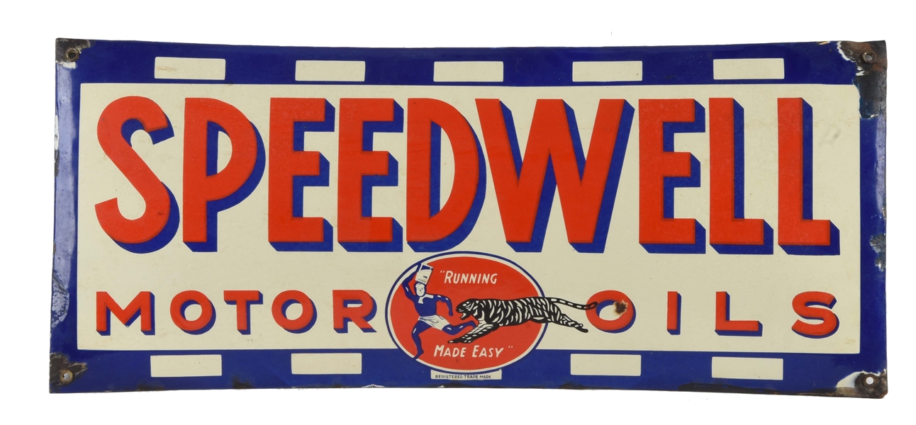 SPEEDWELL MOTOR OILS CONVEX PORCELAIN SIGN W/ TIGER GRAPHIC.