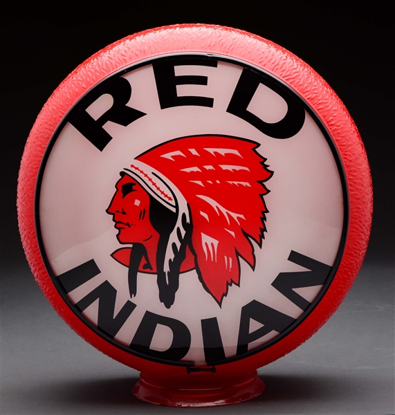 RED INDIAN GASOLINE COMPLETE 13-1/2" GLOBE ON ORIGINAL RED RIPPLE.