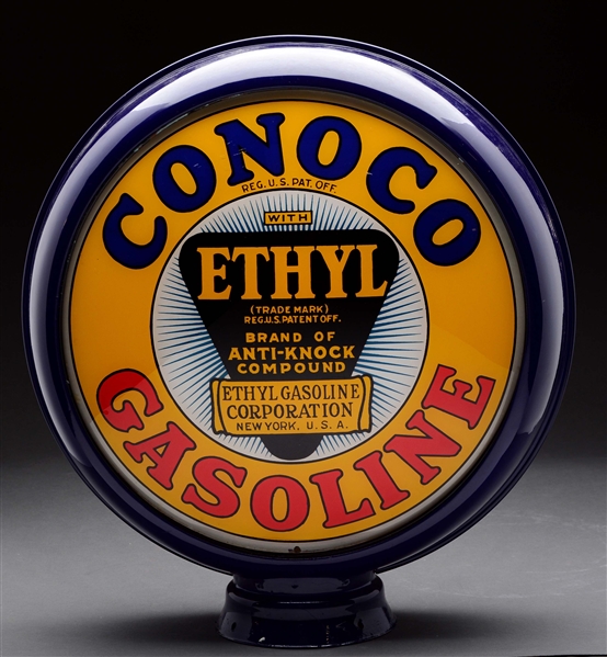CONOCO ETHYL GASOLINE 15" COMPLETE GLOBE ON METAL BODY.