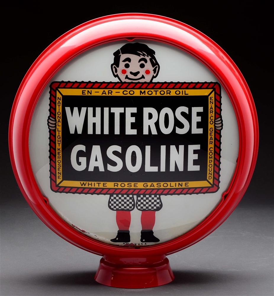 WHITE ROSE GASOLINE 15" COMPLETE GLOBE ON METAL BODY.