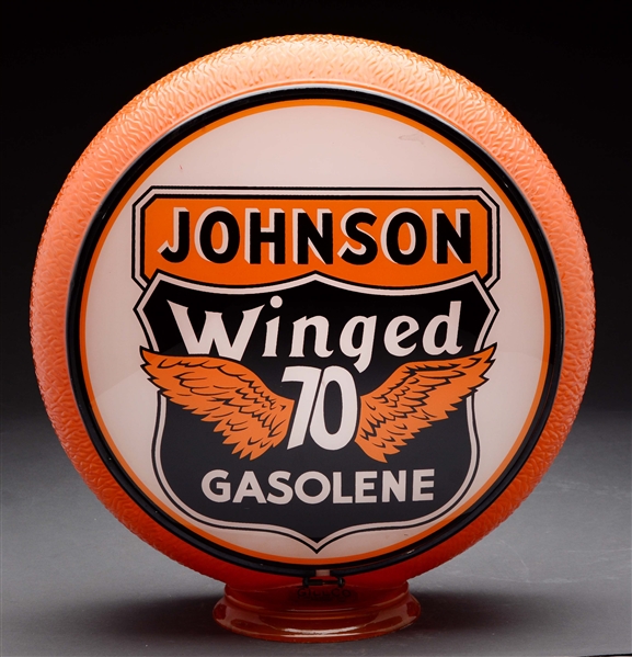 JOHNSON WINGED 70 GASOLINE 13-1/2" COMPLETE GLOBE ON ORIGINAL ORANGE RIPPLE BODY.