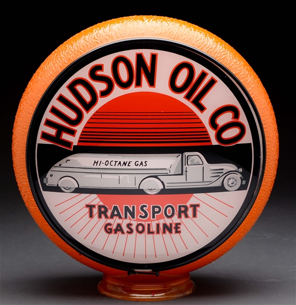 HUDSON OIL CO. TRANSPORT GASOLINE COMPLETE 13-1/2" GLOBE ON ORIGINAL ORANGE RIPPLE BODY.