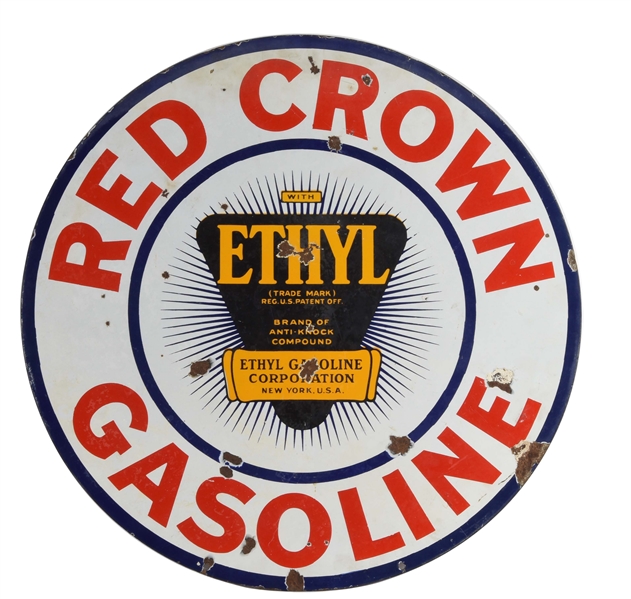 RED CROWN GASOLINE PORCELAIN SIGN WITH ETHYL BURST GRAPHIC.