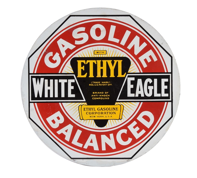 WHITE EAGLE BALANCED GASOLINE PORCELAIN SIGN WITH ETHYL BURST GRAPHIC