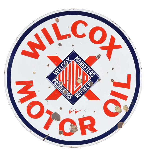 WILCOX MOTOR OIL PORCELAIN CURB SIGN.
