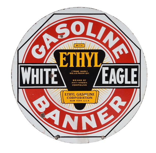 WHITE EAGLE BANNER GASOLINE PORCELAIN SIGN WITH ETHYL BURST LOGO.