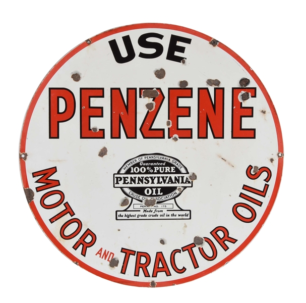 RARE PENZENE MOTOR & TRACTOR OILS PORCELAIN CURB SIGN.