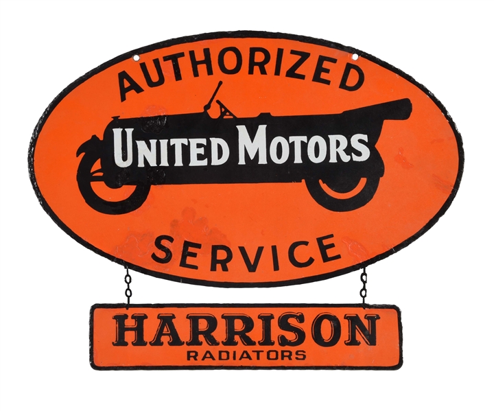 UNITED MOTORS SERVICE & HARRISON RADIATORS PORCELAIN SIGN.