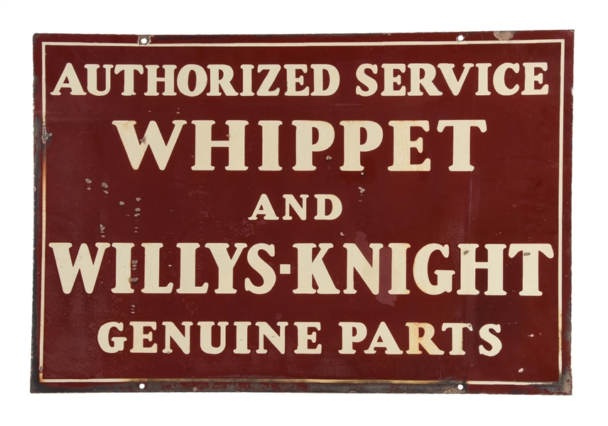 WHIPPET & WILLYS KNIGHT AUTHORIZED SERVICE & GENUINE PARTS PORCELAIN SIGN.
