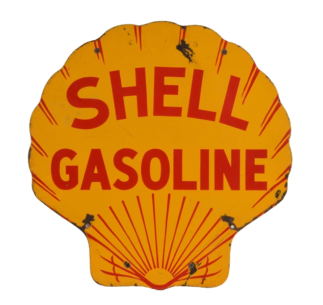 SHELL GASOLINE PORCELAIN CLAMSHELL CURB SIGN.