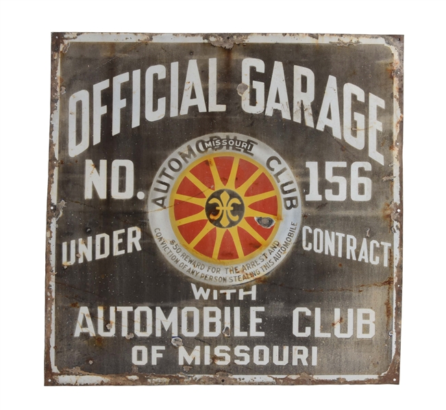 AUTOMOBILE CLUB OF MISSOURI OFFICIAL GARAGE PORCELAIN SIGN WITH TIRE GRAPHIC.