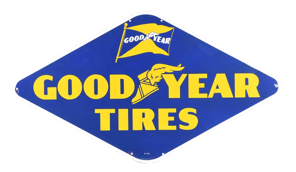 GOODYEAR TIRES PORCELAIN SIGN WITH GOODYEAR FLAG & WINGED FOOT GRAPHIC.