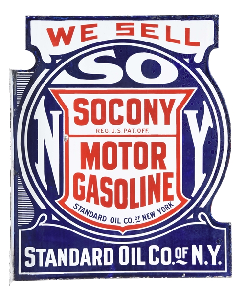 WE SELL SOCONY MOTOR GASOLINE PORCELAIN FLANGE SIGN. 