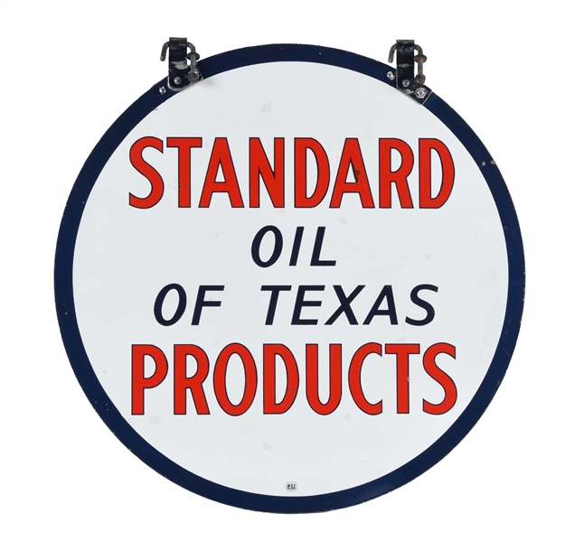 STANDARD OIL PRODUCTS OF TEXAS PORCELAIN SIGN WITH ORIGINAL METAL HANGING BRACKET.