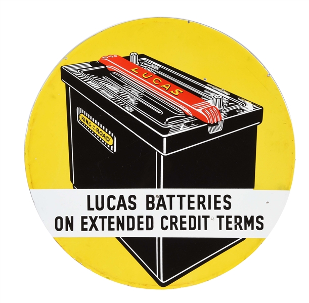 LUCAS BATTERIES PORCELAIN SIGN WITH BATTERY GRAPHIC.
