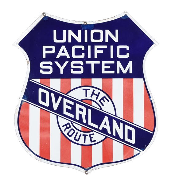 UNION PACIFIC SYSTEM THE OVERLAND ROUTE PORCELAIN TRAIN CAR SIGN.